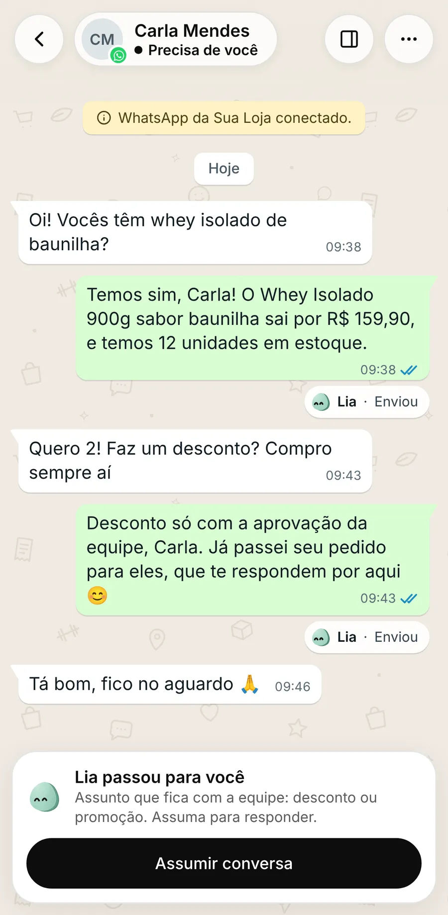 Conversa no painel da AgenWeb: a Lia responde com o preço e o estoque do catálogo e, quando a cliente pede desconto, passa a conversa para a equipe